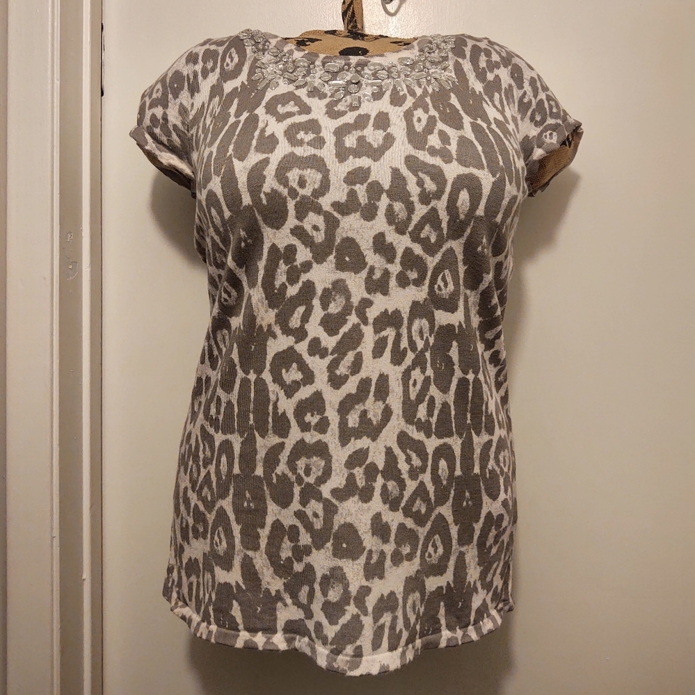 INC International Concepts Gray and Cream Animal Print Top